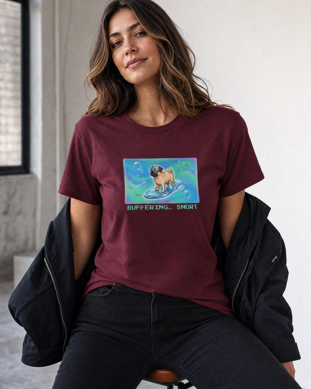 O's Tees Buffering… Snort Pug Frutiger Aero Dogs graphic tee lifestyle mockup — Maroon shirt