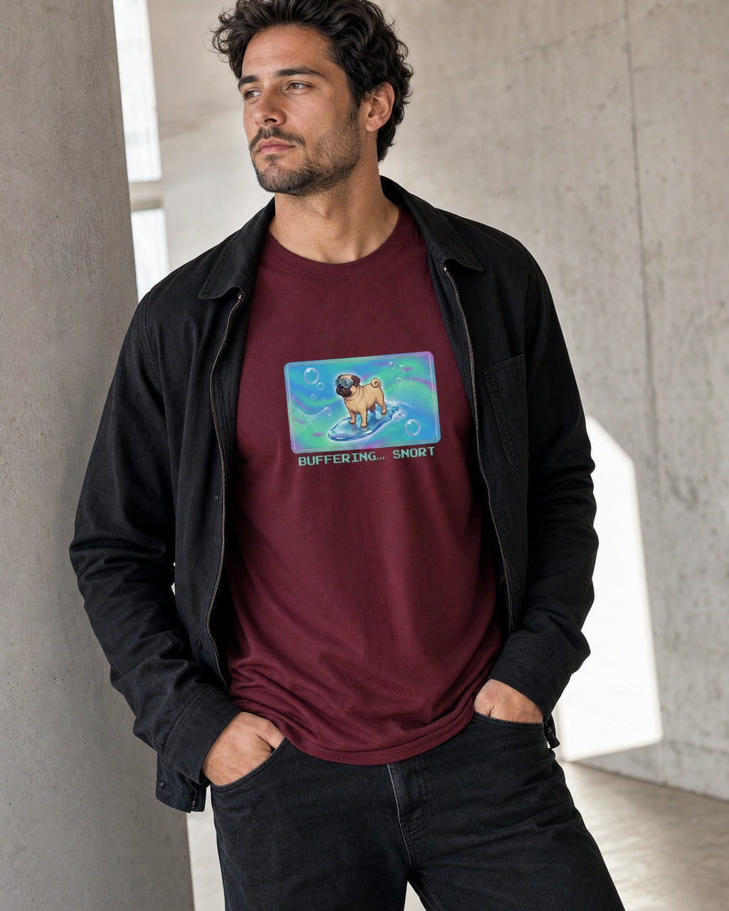 O's Tees Buffering… Snort Pug Frutiger Aero Dogs graphic tee lifestyle mockup — Maroon shirt