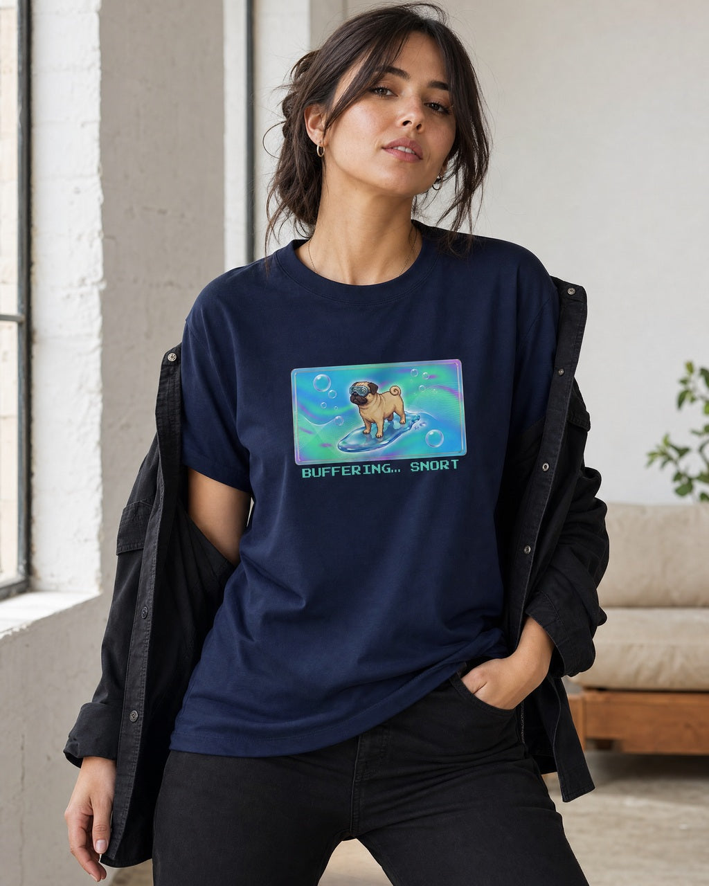 O's Tees Buffering… Snort Pug Frutiger Aero Dogs graphic tee lifestyle mockup — Navy shirt