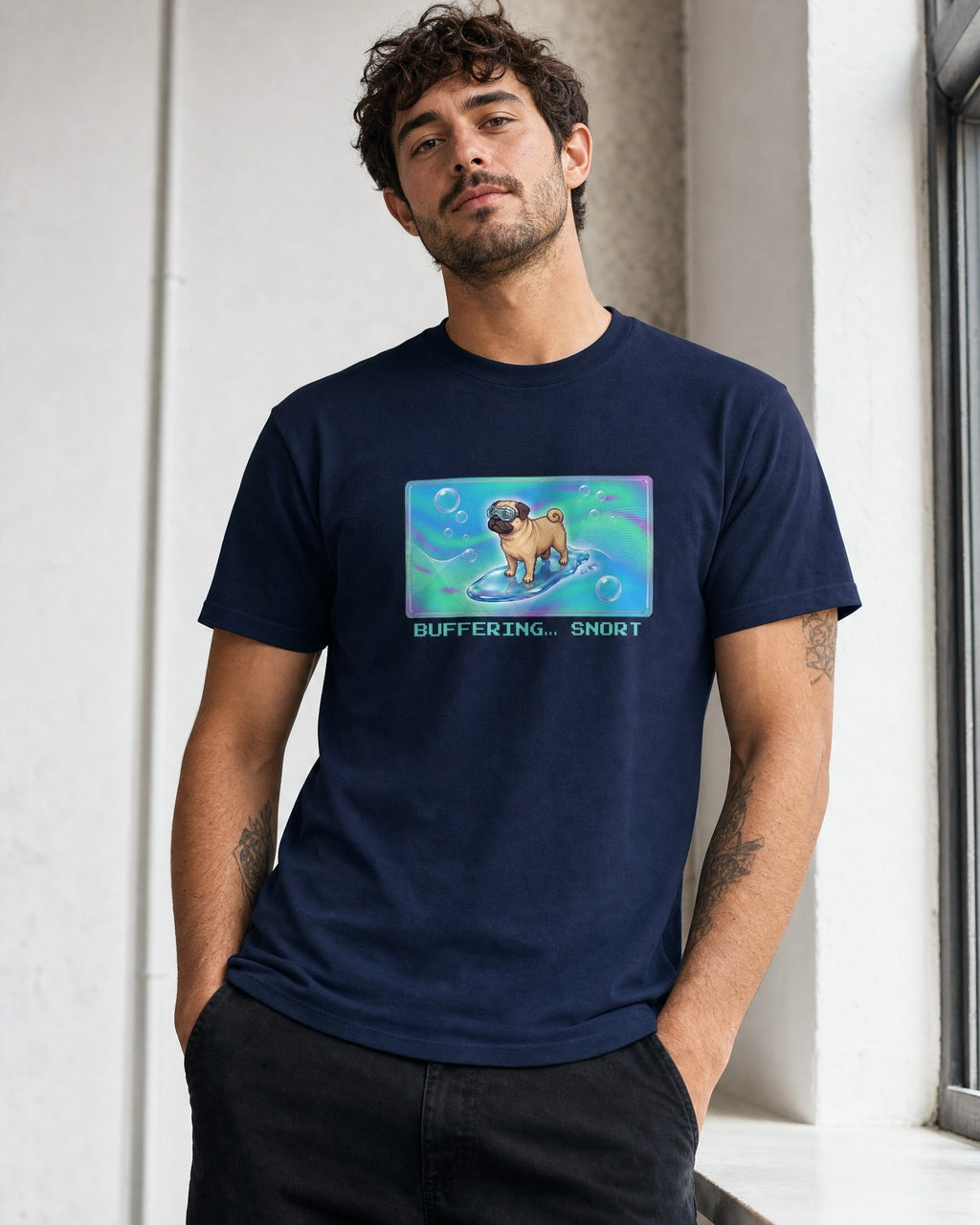 O's Tees Buffering… Snort Pug Frutiger Aero Dogs graphic tee lifestyle mockup — Navy shirt