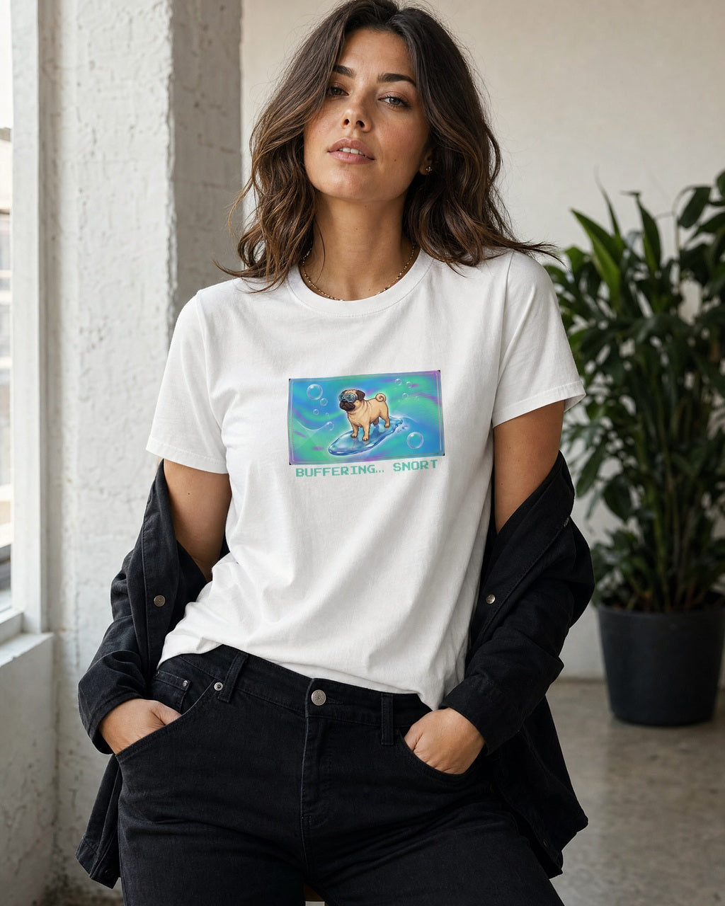 O's Tees Buffering… Snort Pug Frutiger Aero Dogs graphic tee lifestyle mockup — White shirt
