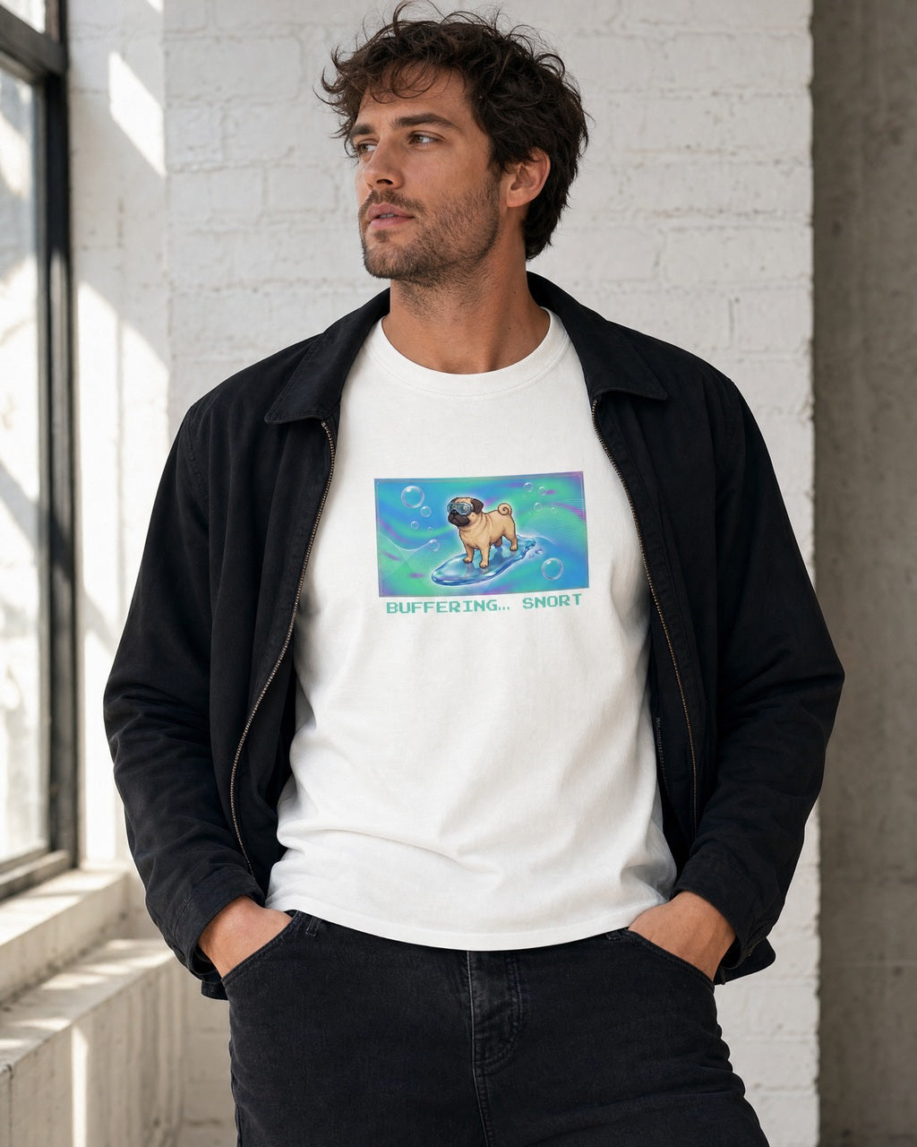 O's Tees Buffering… Snort Pug Frutiger Aero Dogs graphic tee lifestyle mockup — White shirt