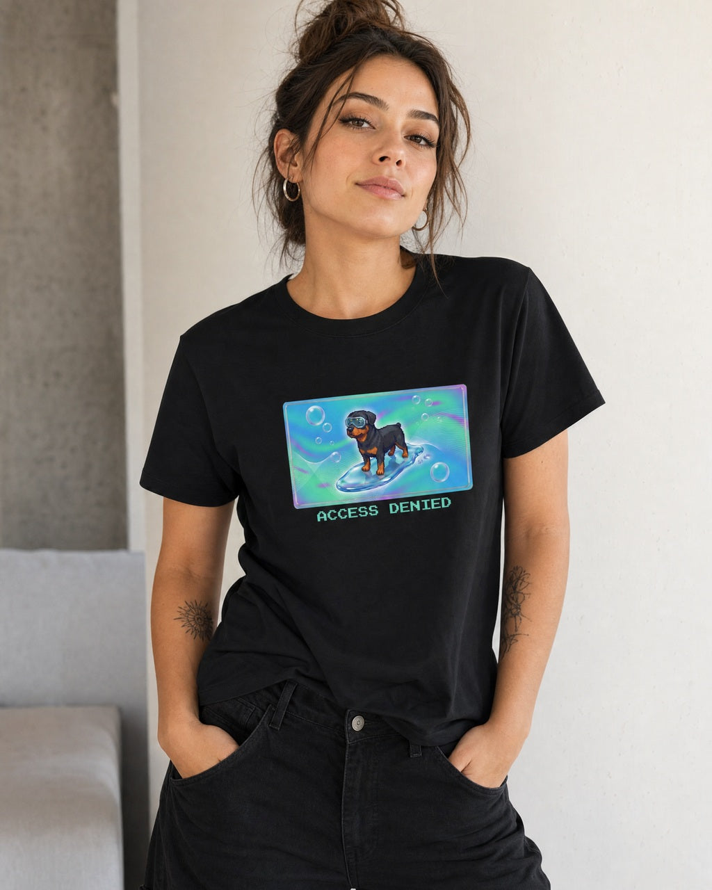O's Tees Access Denied Rottweiler Frutiger Aero Dogs graphic tee lifestyle mockup — Black shirt