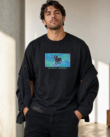 O's Tees Access Denied Rottweiler Frutiger Aero Dogs graphic tee lifestyle mockup — Black shirt