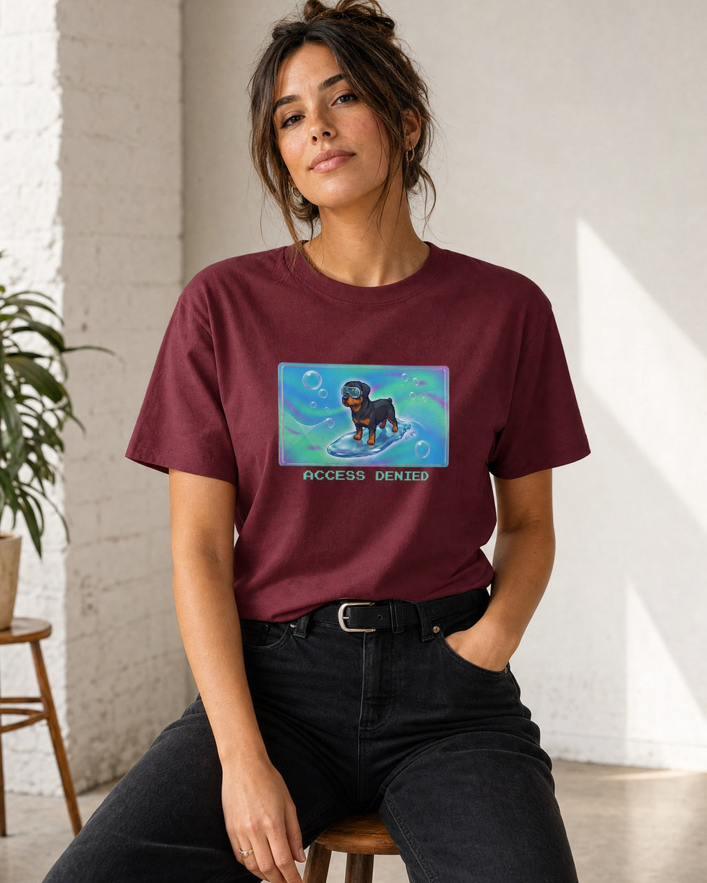 O's Tees Access Denied Rottweiler Frutiger Aero Dogs graphic tee lifestyle mockup — Maroon shirt