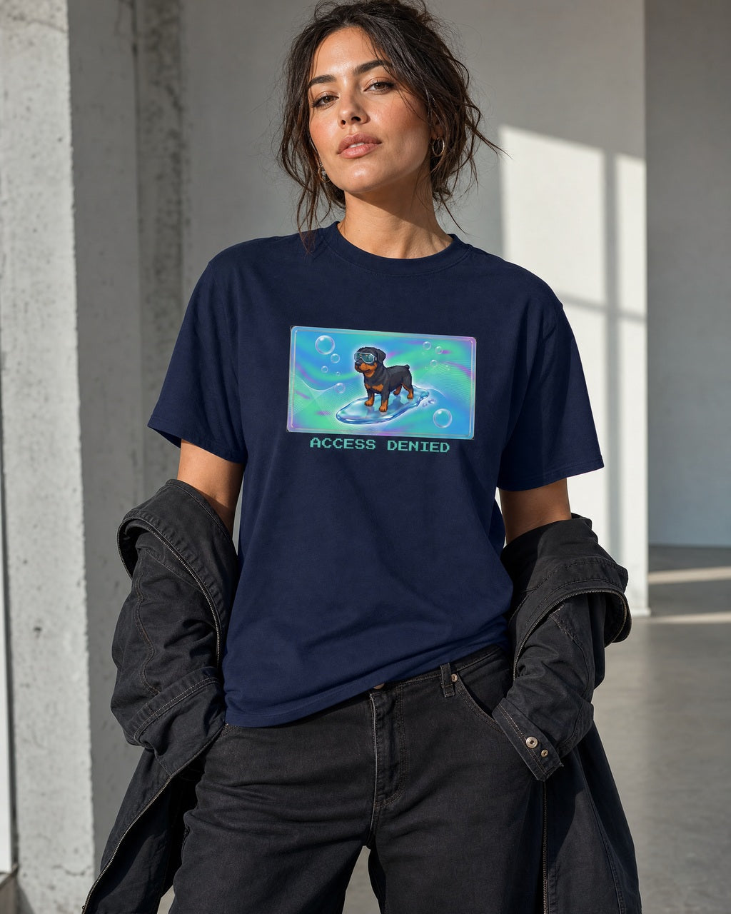 O's Tees Access Denied Rottweiler Frutiger Aero Dogs graphic tee lifestyle mockup — Navy shirt