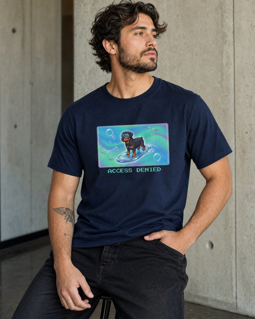 O's Tees Access Denied Rottweiler Frutiger Aero Dogs graphic tee lifestyle mockup — Navy shirt
