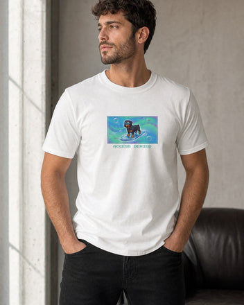 O's Tees Access Denied Rottweiler Frutiger Aero Dogs graphic tee lifestyle mockup — White shirt