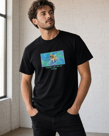 O's Tees Premium Skin Pack Shih Tzu Frutiger Aero Dogs graphic tee lifestyle mockup — Black shirt