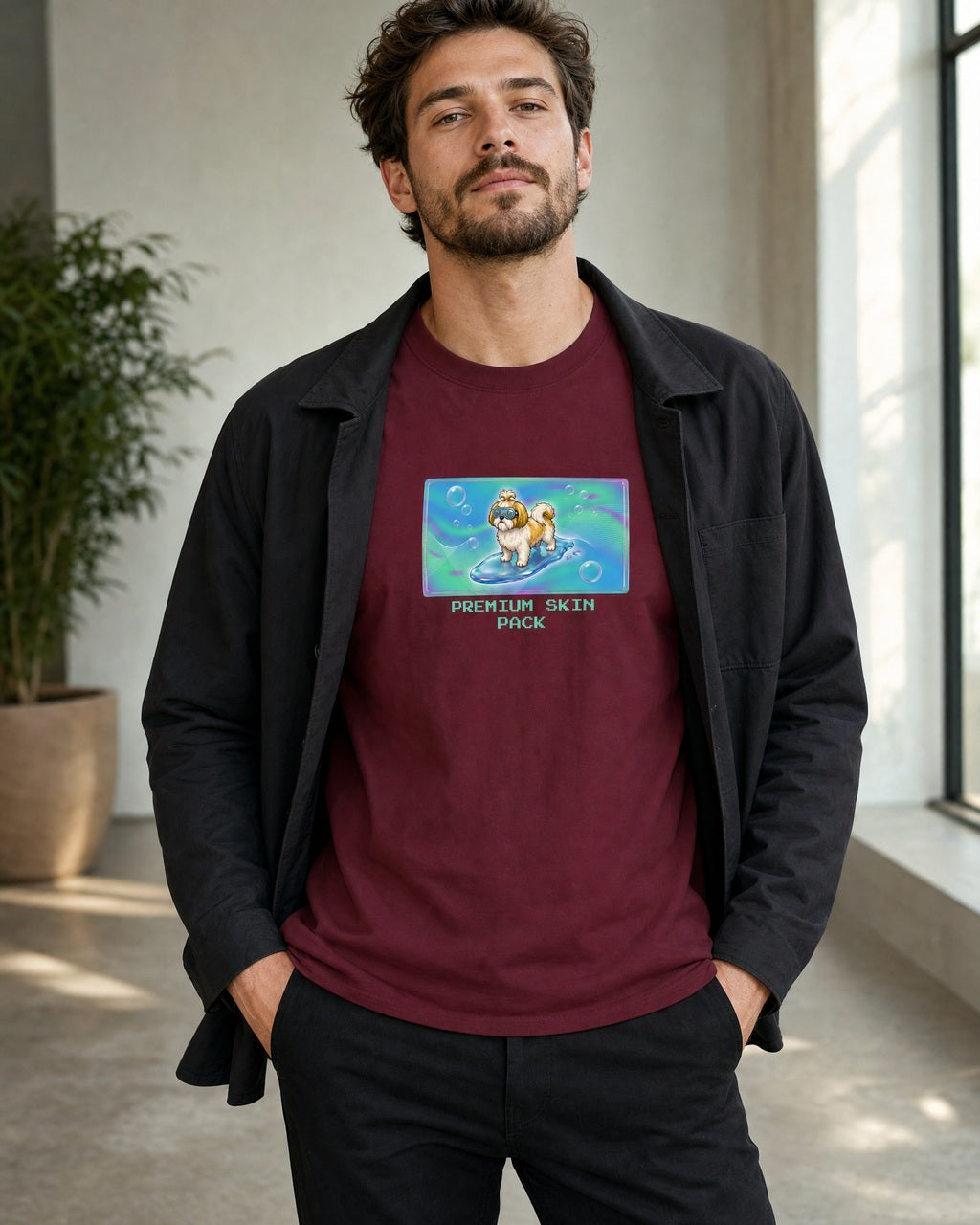 O's Tees Premium Skin Pack Shih Tzu Frutiger Aero Dogs graphic tee lifestyle mockup — Maroon shirt