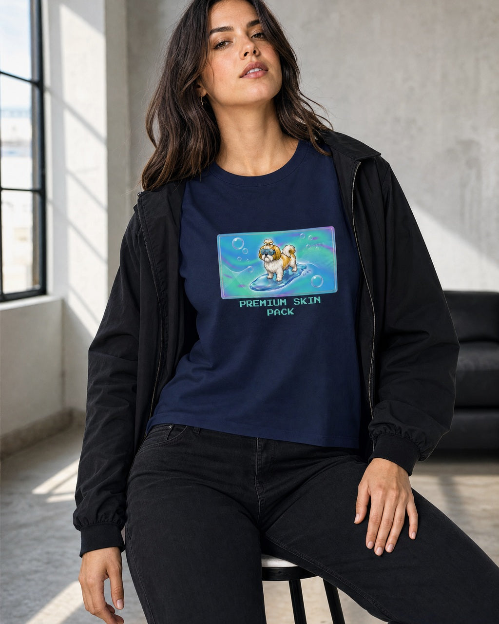 O's Tees Premium Skin Pack Shih Tzu Frutiger Aero Dogs graphic tee lifestyle mockup — Navy shirt