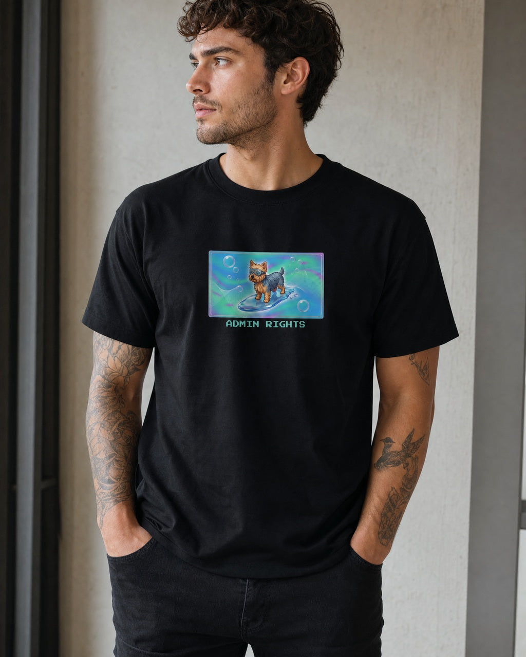 O's Tees Admin Rights Yorkshire Terrier Frutiger Aero Dogs graphic tee lifestyle mockup — Black shirt