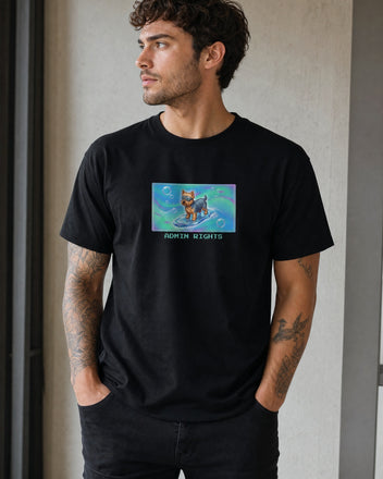 O's Tees Admin Rights Yorkshire Terrier Frutiger Aero Dogs graphic tee lifestyle mockup — Black shirt