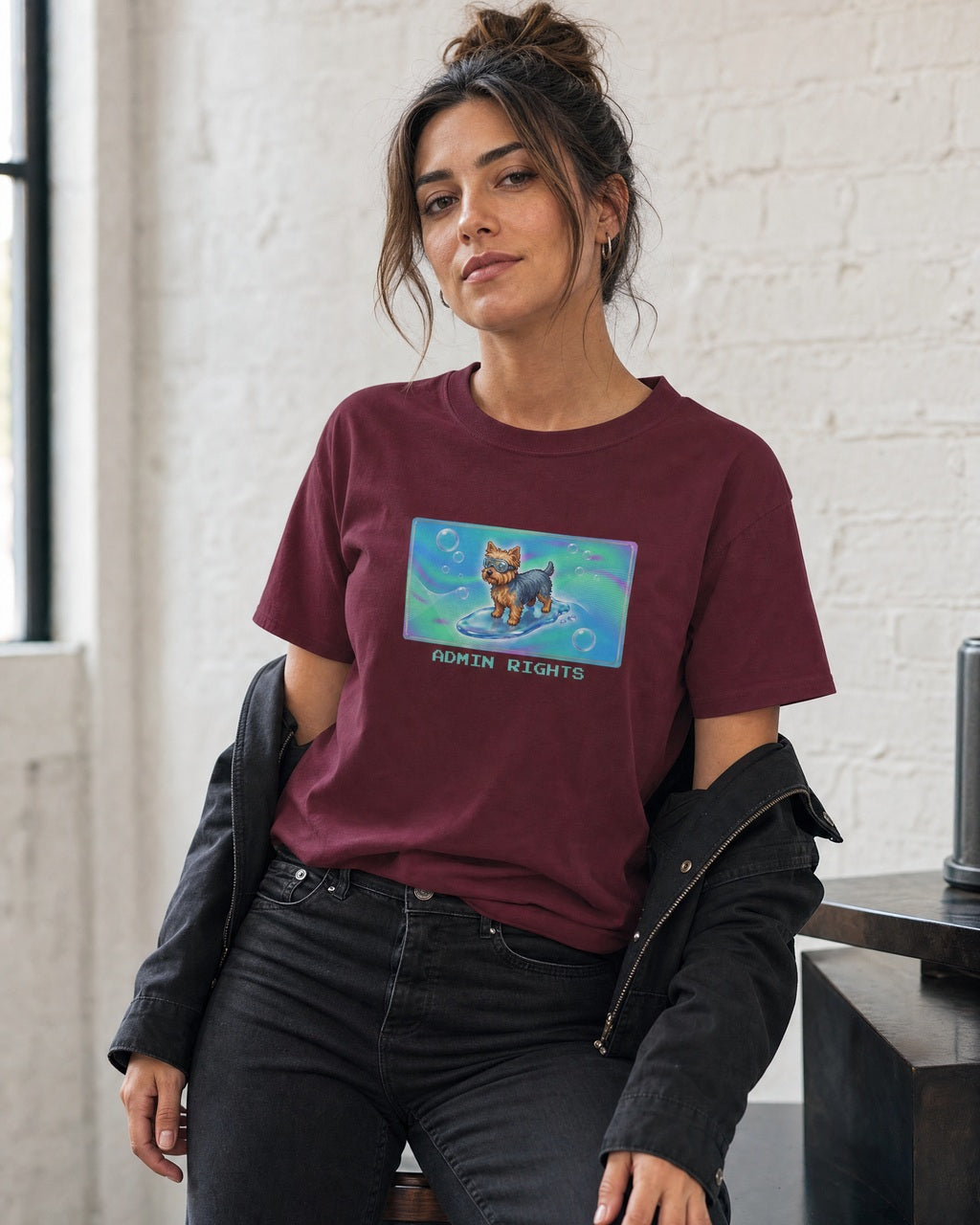 O's Tees Admin Rights Yorkshire Terrier Frutiger Aero Dogs graphic tee lifestyle mockup — Maroon shirt