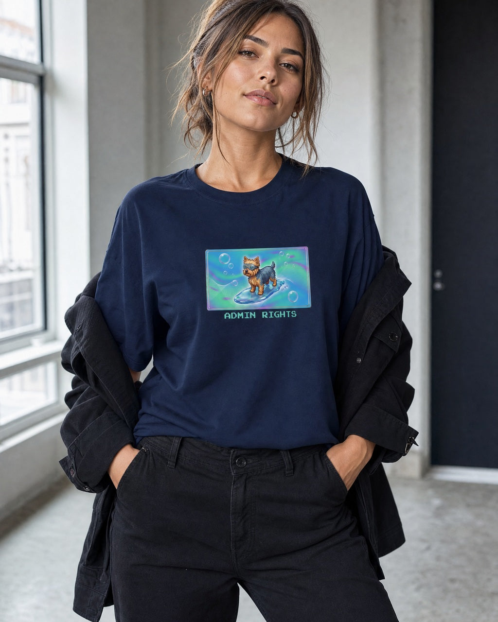 O's Tees Admin Rights Yorkshire Terrier Frutiger Aero Dogs graphic tee lifestyle mockup — Navy shirt