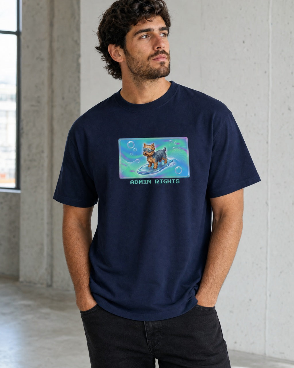 O's Tees Admin Rights Yorkshire Terrier Frutiger Aero Dogs graphic tee lifestyle mockup — Navy shirt