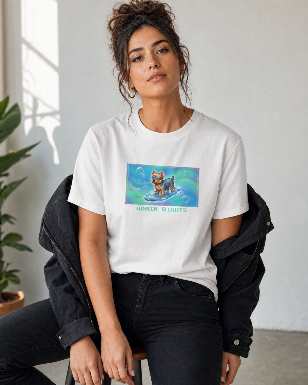 O's Tees Admin Rights Yorkshire Terrier Frutiger Aero Dogs graphic tee lifestyle mockup — White shirt