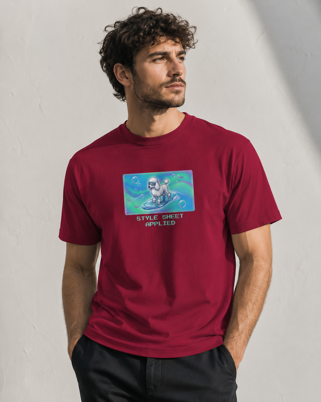 O's Tees Style Sheet Applied Poodle Frutiger Aero Dogs graphic tee lifestyle image — Cardinal Red shirt, male shot 03, no-phone editorial