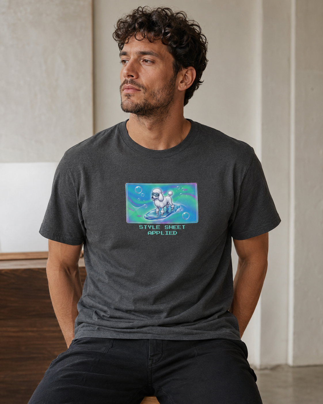 O's Tees Style Sheet Applied Poodle Frutiger Aero Dogs graphic tee lifestyle image — Dark Heather shirt, male shot 03, no-phone editorial