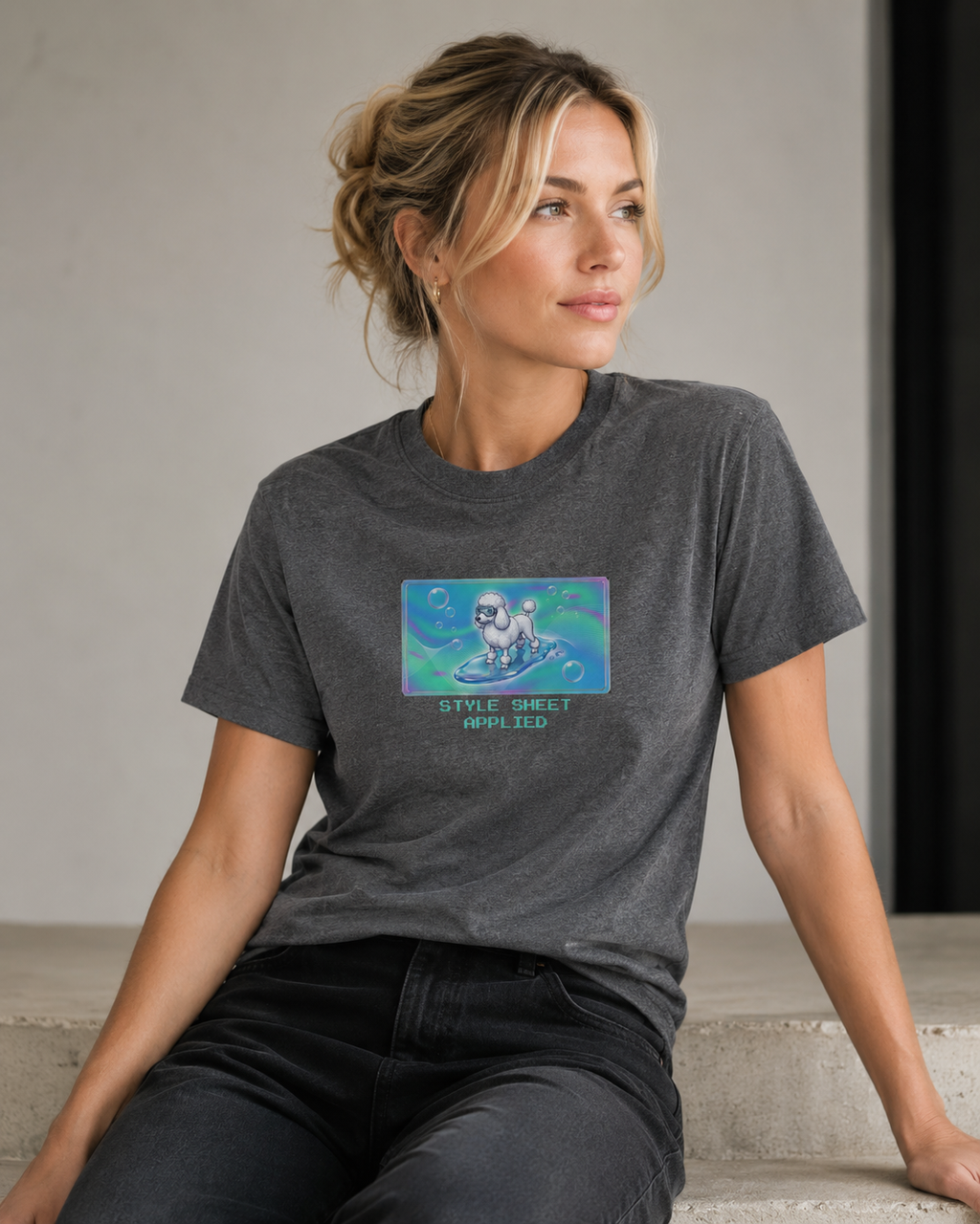 O's Tees Style Sheet Applied Poodle Frutiger Aero Dogs graphic tee lifestyle image — Graphite Heather shirt, female shot 03, no-phone editorial