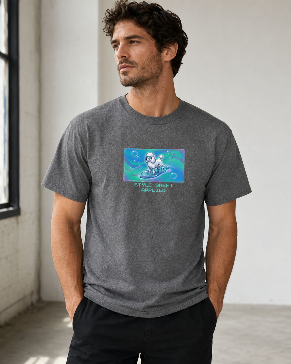 O's Tees Style Sheet Applied Poodle Frutiger Aero Dogs graphic tee lifestyle image — Graphite Heather shirt, male shot 03, no-phone editorial