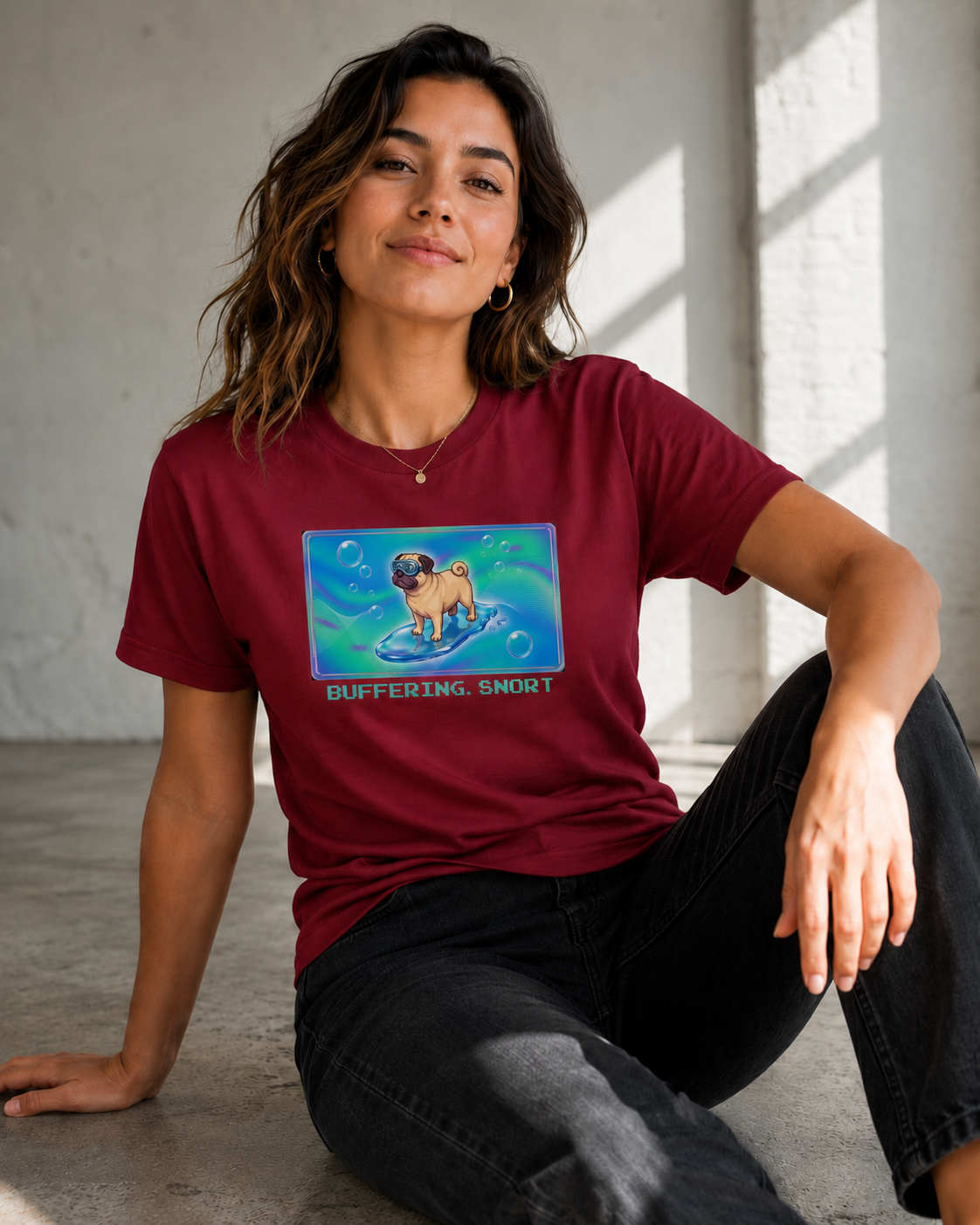 O's Tees Buffering… Snort Pug Frutiger Aero Dogs graphic tee lifestyle image — Cardinal Red shirt, female shot 03, no-phone editorial