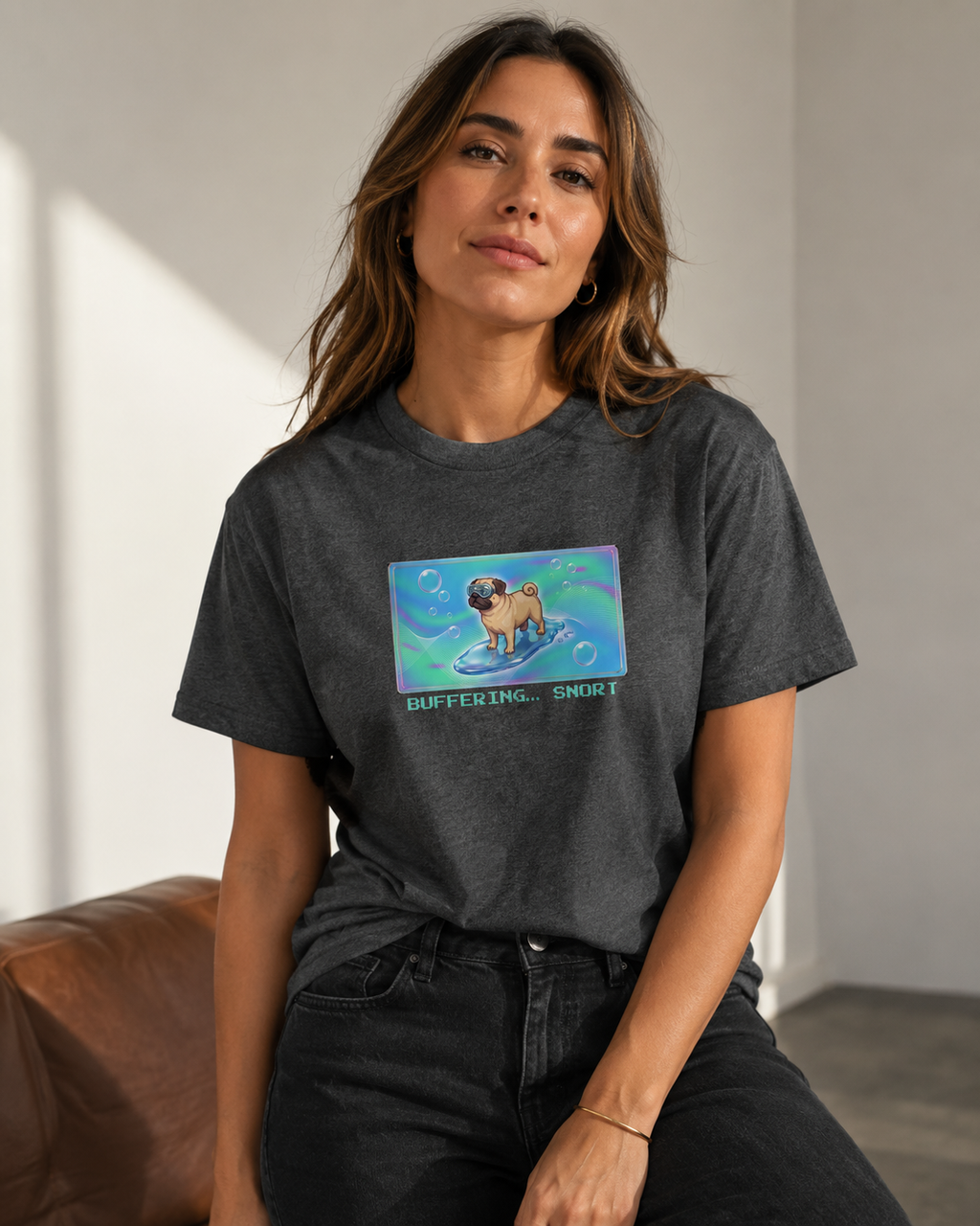 O's Tees Buffering… Snort Pug Frutiger Aero Dogs graphic tee lifestyle image — Dark Heather shirt, female shot 03, no-phone editorial