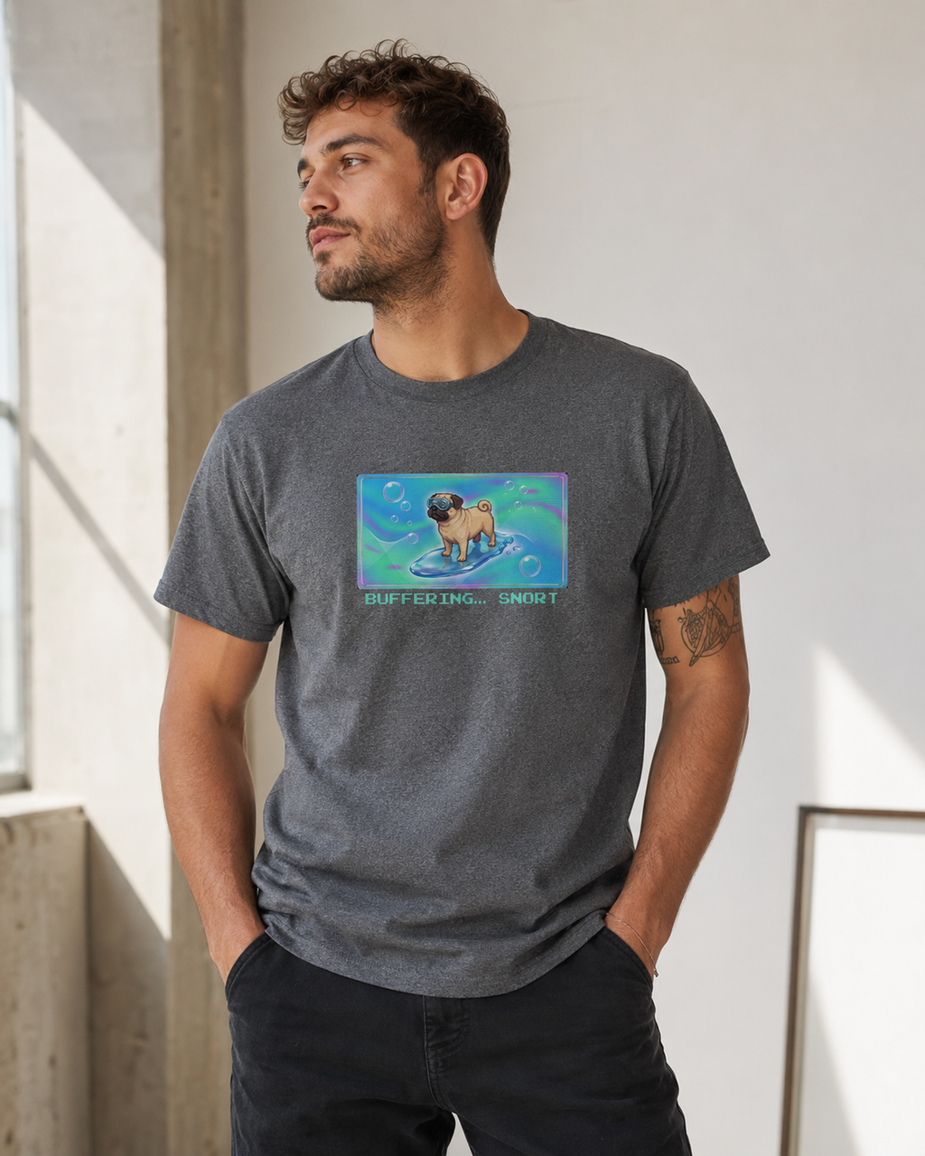 O's Tees Buffering… Snort Pug Frutiger Aero Dogs graphic tee lifestyle image — Graphite Heather shirt, male shot 03, no-phone editorial