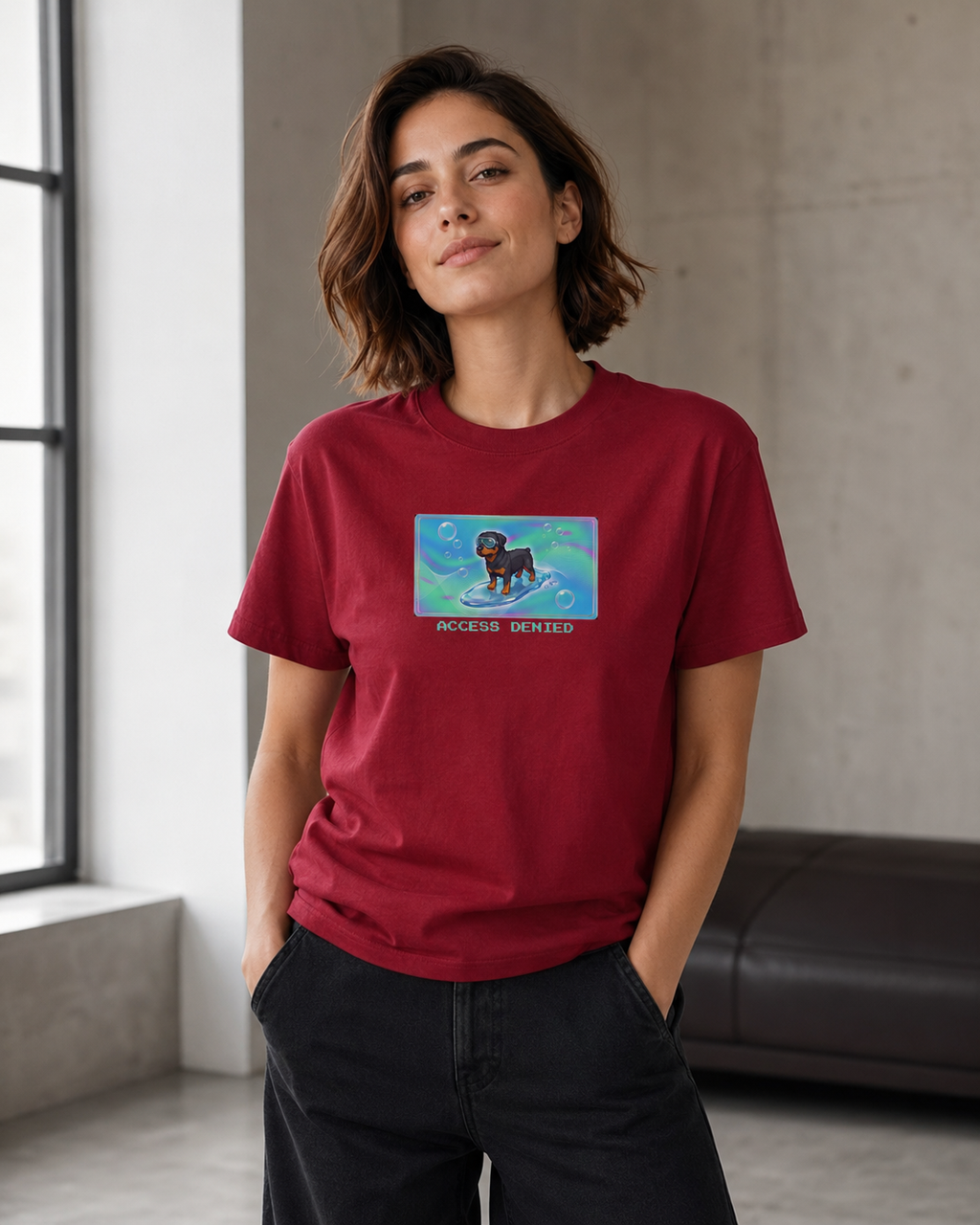 O's Tees Access Denied Rottweiler Frutiger Aero Dogs graphic tee lifestyle image — Cardinal Red shirt, female shot 03, no-phone editorial
