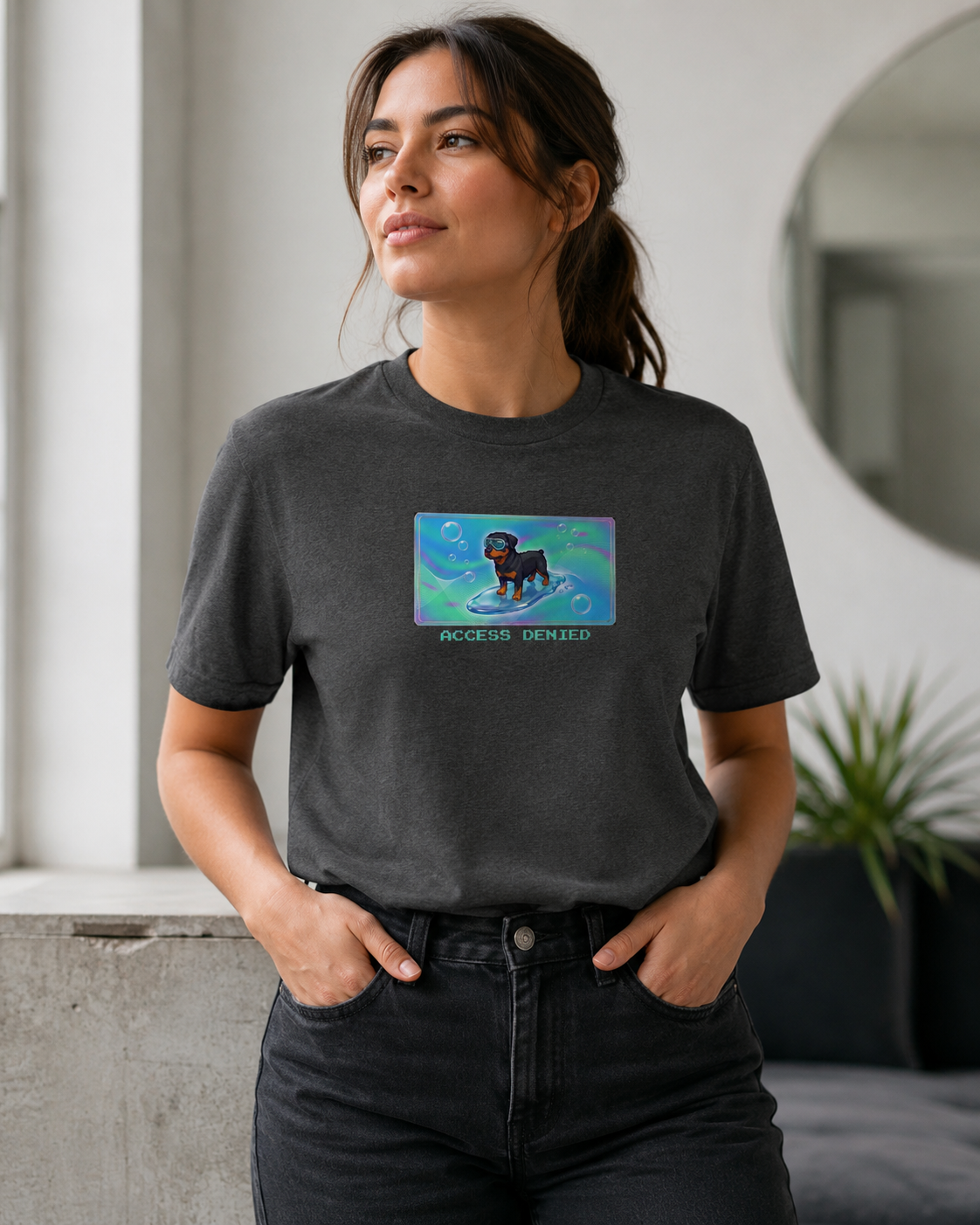 O's Tees Access Denied Rottweiler Frutiger Aero Dogs graphic tee lifestyle image — Dark Heather shirt, female shot 03, no-phone editorial
