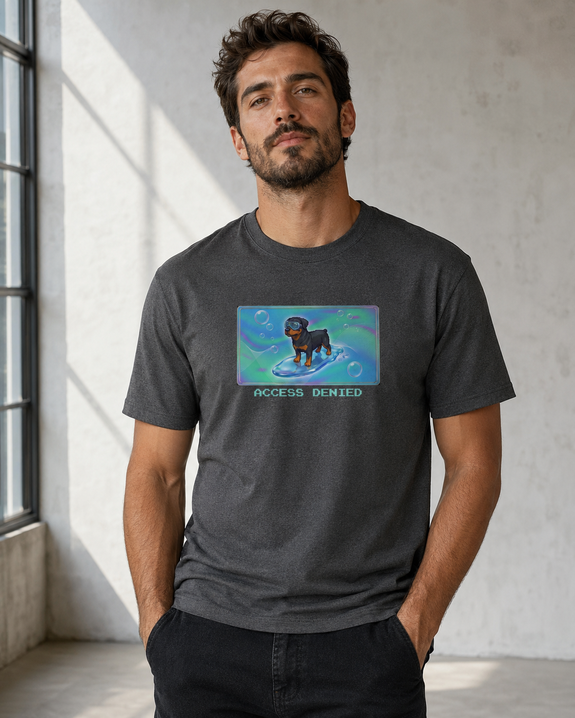 O's Tees Access Denied Rottweiler Frutiger Aero Dogs graphic tee lifestyle image — Dark Heather shirt, male shot 03, no-phone editorial