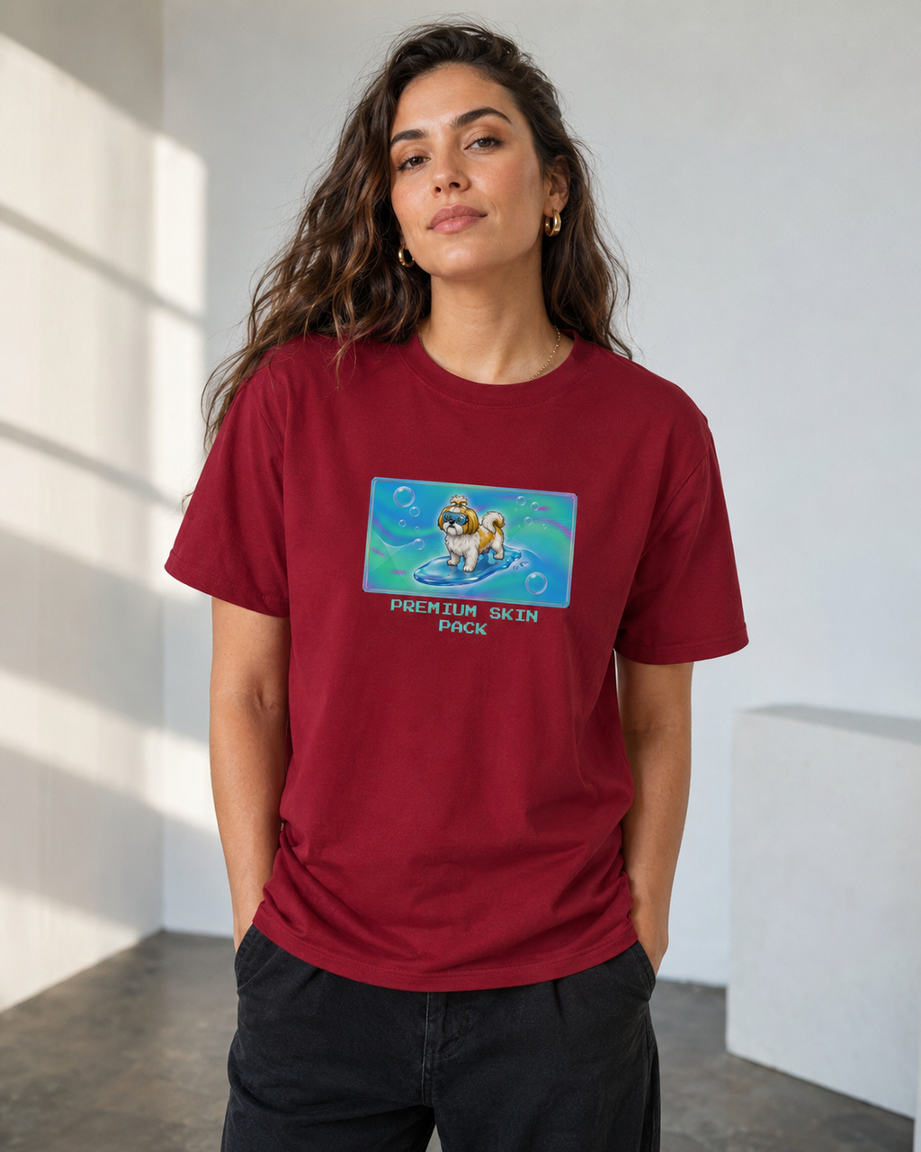O's Tees Premium Skin Pack Shih Tzu Frutiger Aero Dogs graphic tee lifestyle image — Cardinal Red shirt, female shot 03, no-phone editorial