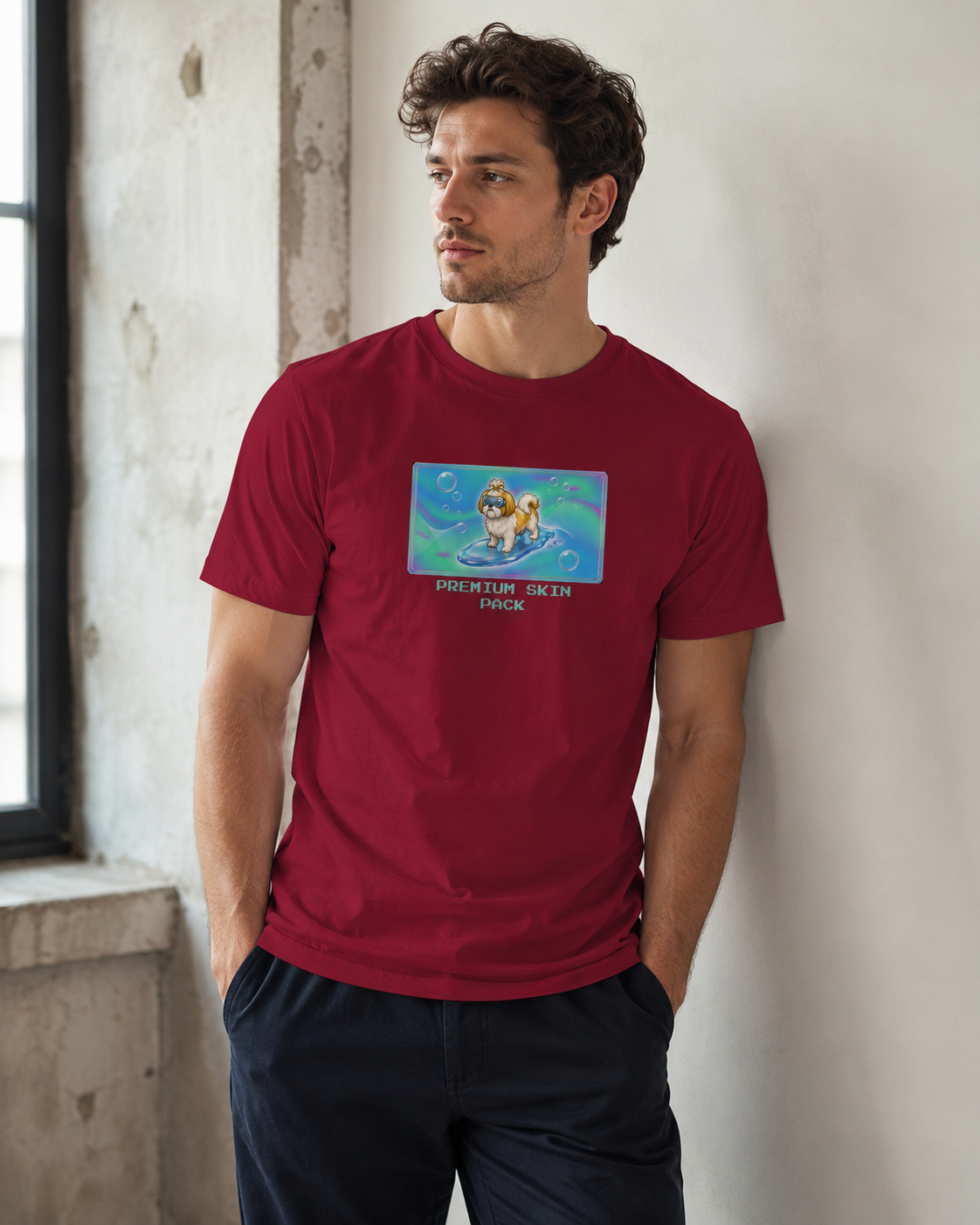 O's Tees Premium Skin Pack Shih Tzu Frutiger Aero Dogs graphic tee lifestyle image — Cardinal Red shirt, male shot 03, no-phone editorial