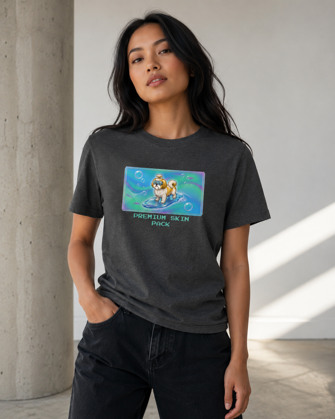 O's Tees Premium Skin Pack Shih Tzu Frutiger Aero Dogs graphic tee lifestyle image — Dark Heather shirt, female shot 03, no-phone editorial