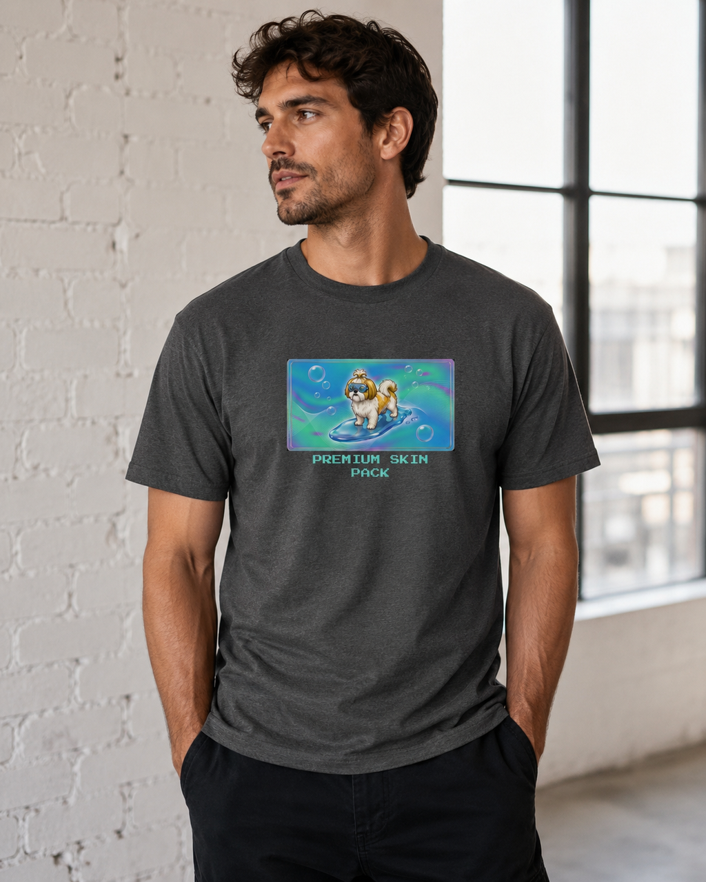O's Tees Premium Skin Pack Shih Tzu Frutiger Aero Dogs graphic tee lifestyle image — Dark Heather shirt, male shot 03, no-phone editorial