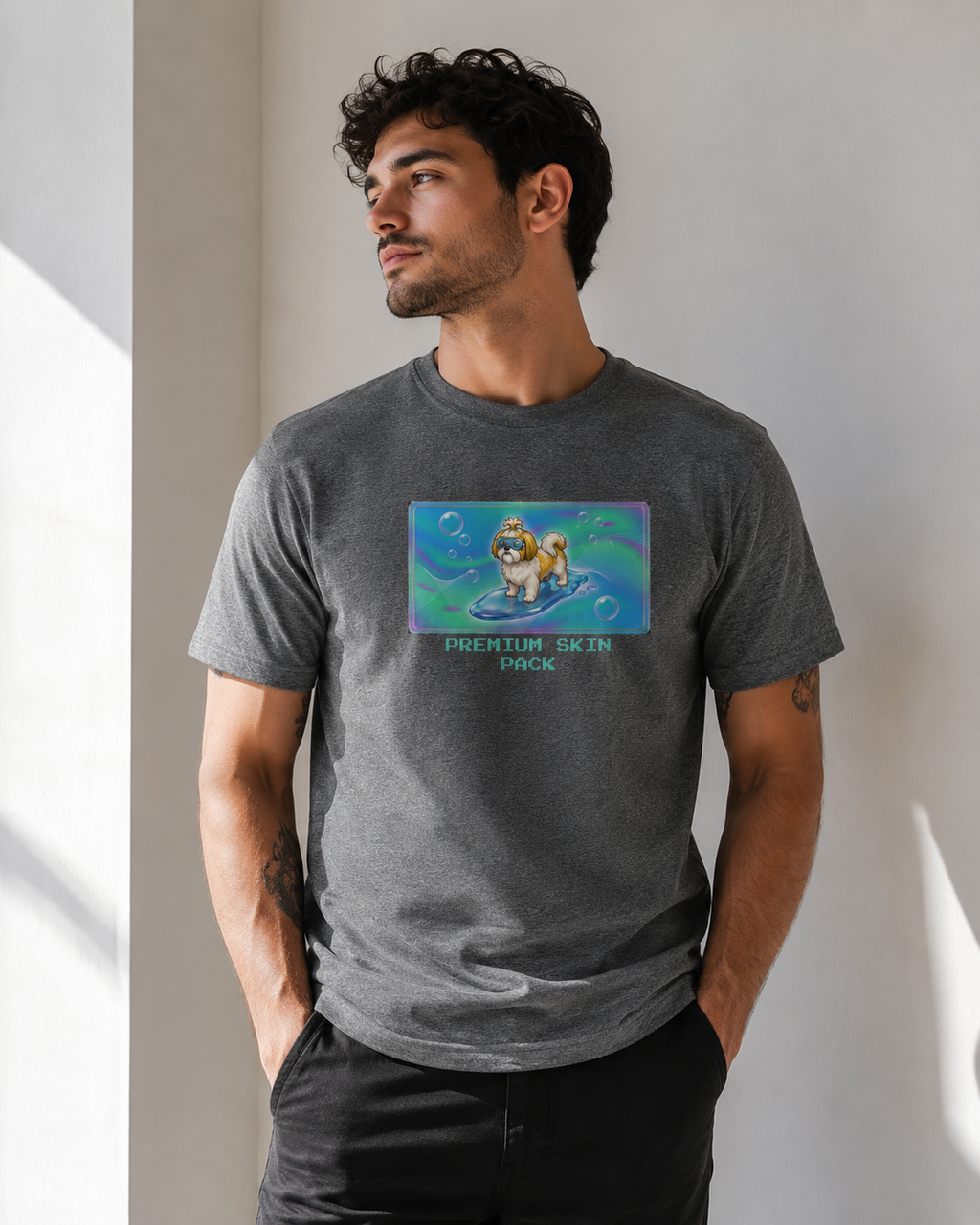 O's Tees Premium Skin Pack Shih Tzu Frutiger Aero Dogs graphic tee lifestyle image — Graphite Heather shirt, male shot 03, no-phone editorial
