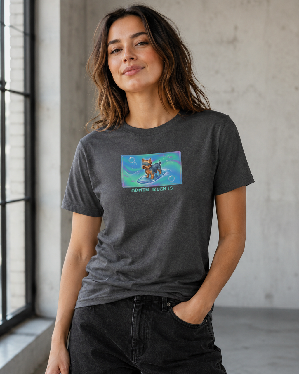O's Tees Admin Rights Yorkshire Terrier Frutiger Aero Dogs graphic tee lifestyle image — Dark Heather shirt, female shot 03, no-phone editorial