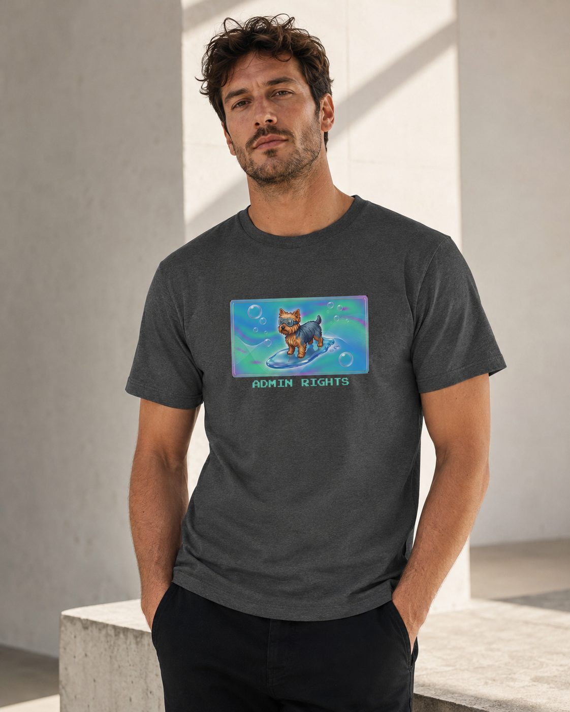 O's Tees Admin Rights Yorkshire Terrier Frutiger Aero Dogs graphic tee lifestyle image — Dark Heather shirt, male shot 03, no-phone editorial