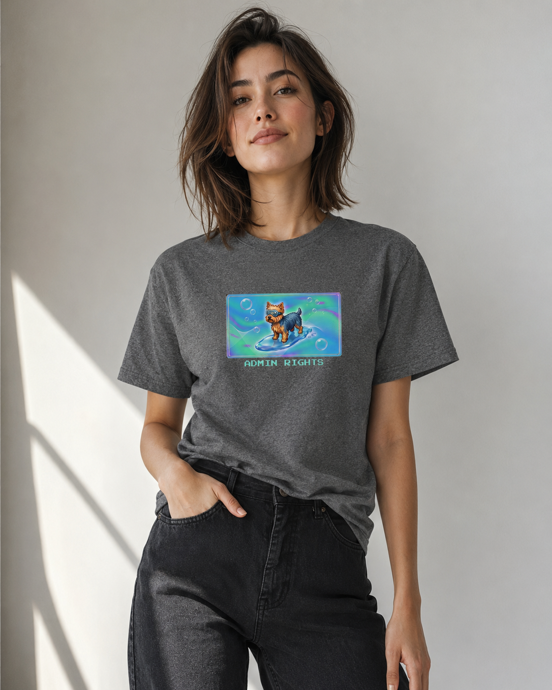 O's Tees Admin Rights Yorkshire Terrier Frutiger Aero Dogs graphic tee lifestyle image — Graphite Heather shirt, female shot 03, no-phone editorial