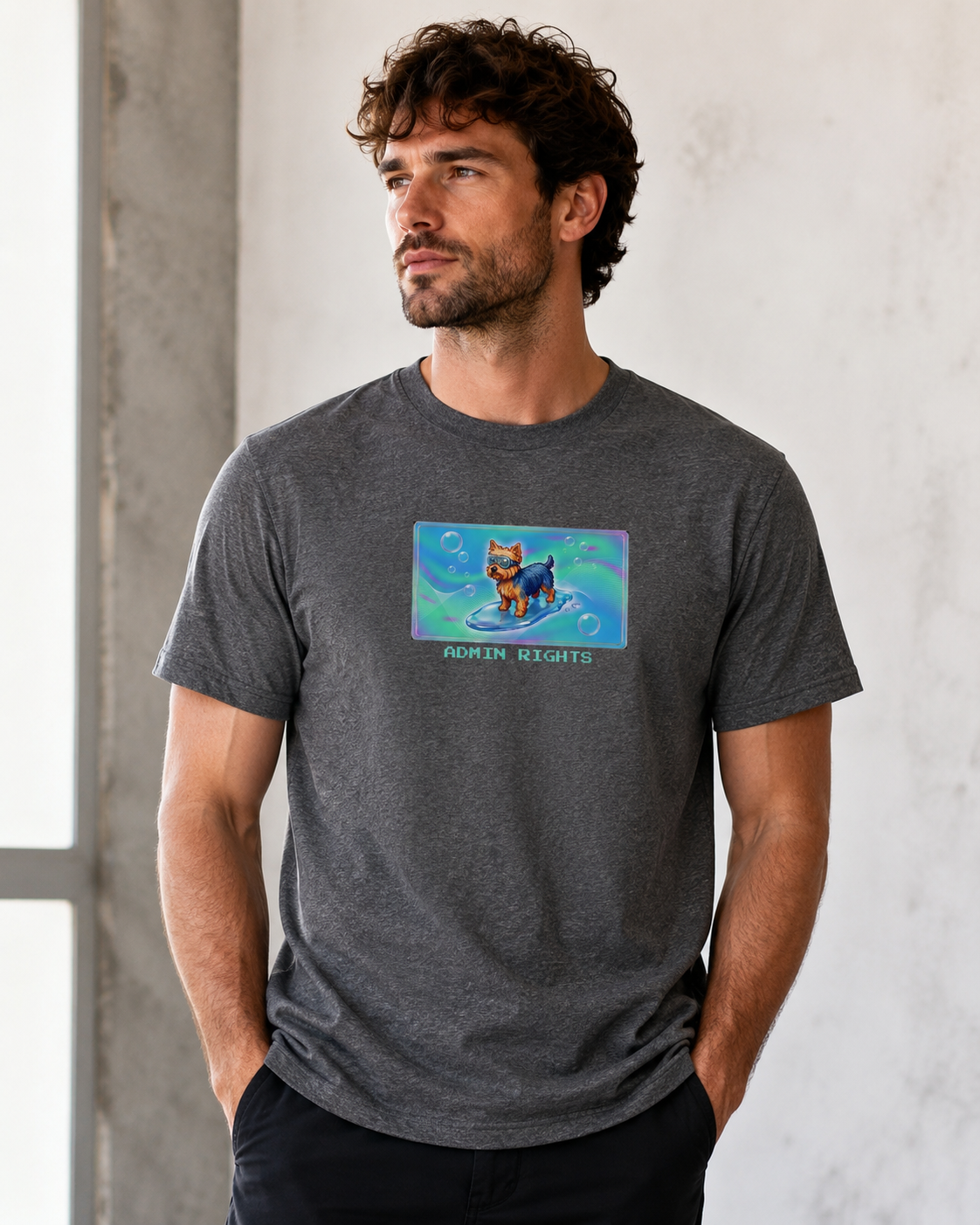 O's Tees Admin Rights Yorkshire Terrier Frutiger Aero Dogs graphic tee lifestyle image — Graphite Heather shirt, male shot 03, no-phone editorial