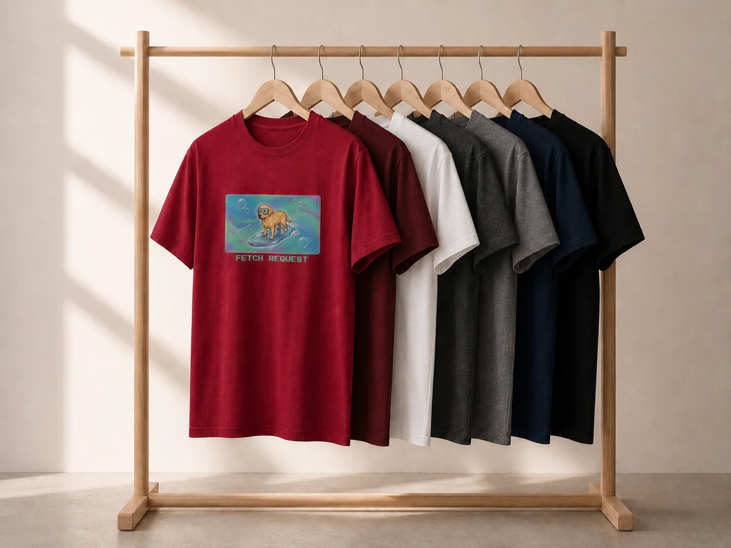 Frutiger Aero Dogs T-shirts on a clothing rail with a Cardinal Red FETCH REQUEST shirt at the front